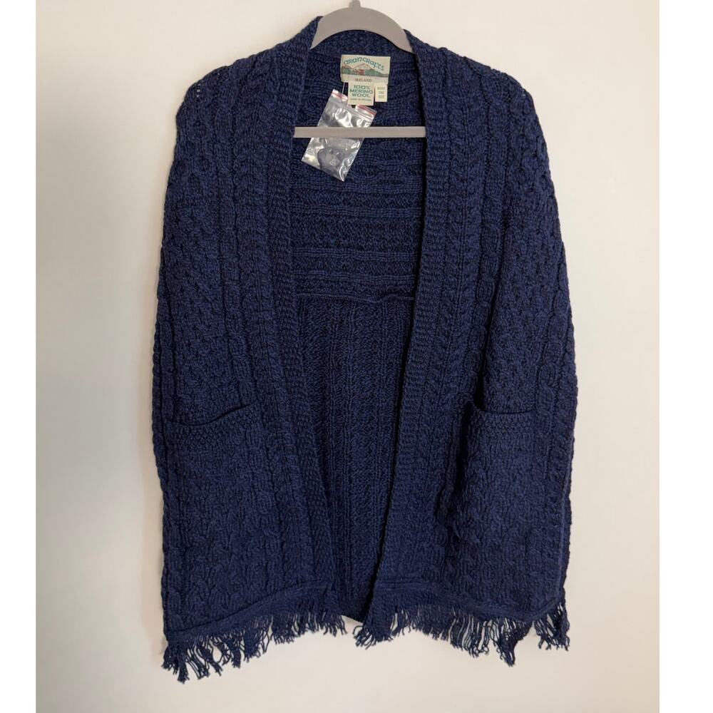 Aran Crafts blue cable-knit merino wool pocket shawl NWOT